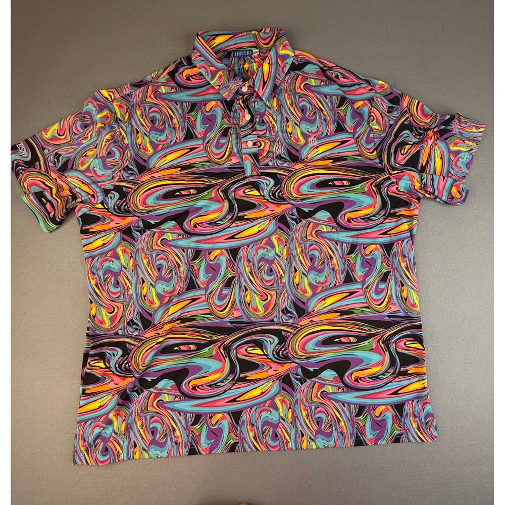 Hreski Polo Shirt Mens XXL Multicolor Psychedelic Swirl Performance Stretch